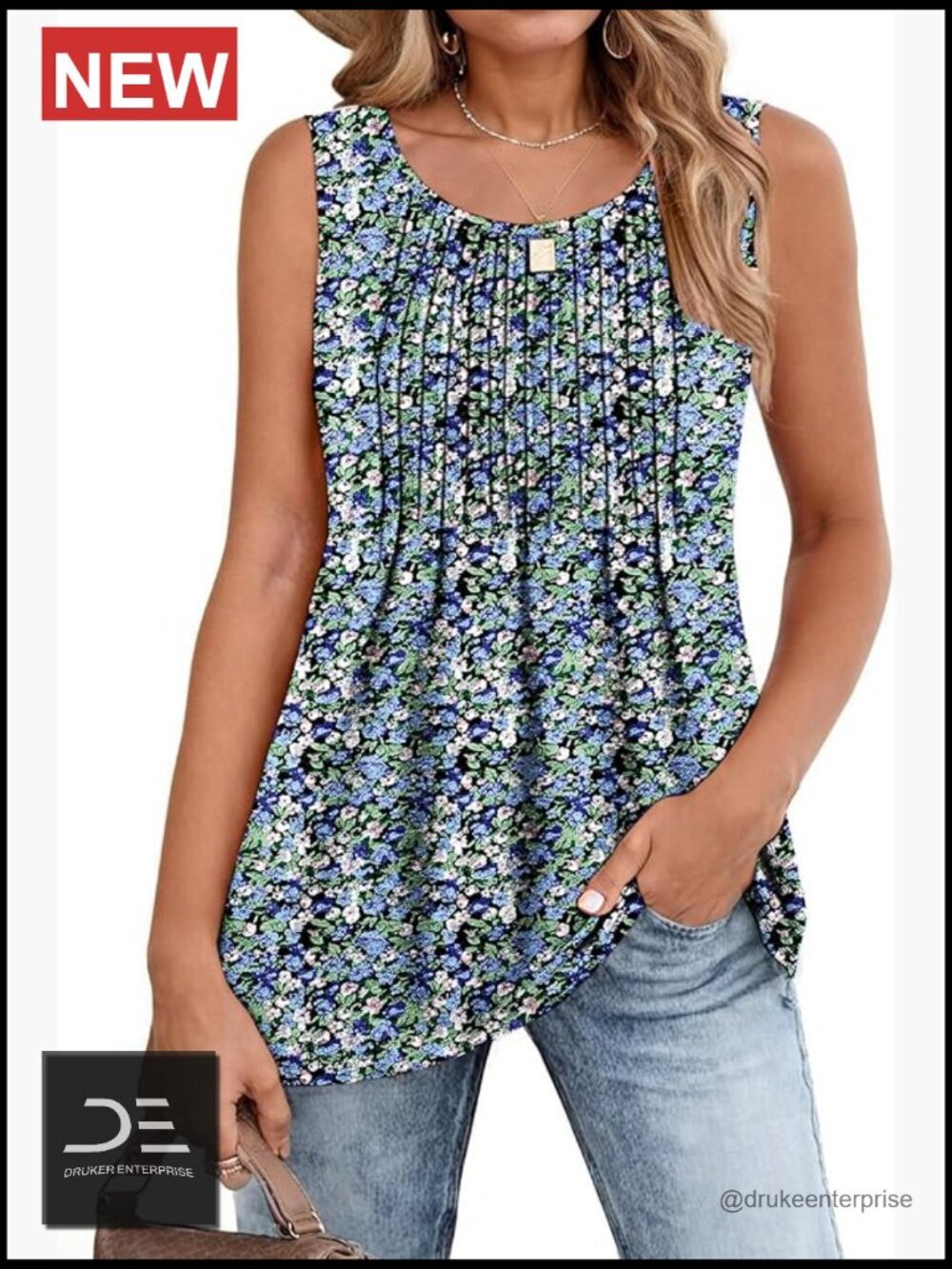 Women's Pleated Crew Neck Sleeveless Tunic Tank Top Flowy Boho Shirt
